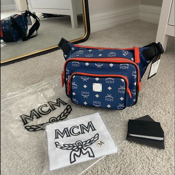 MCM Handbags - MCM Resnick Estate Blue Leather Refl Belt Bag